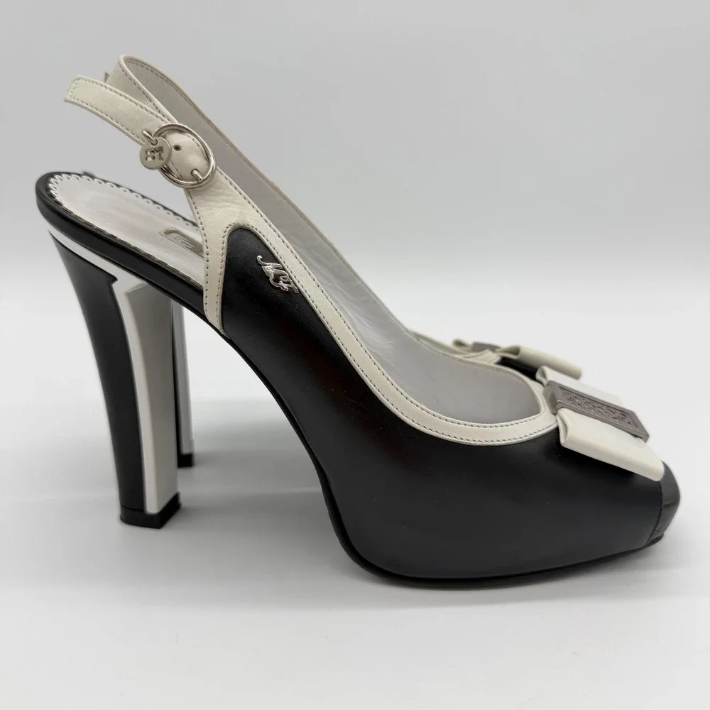 Authentic Marino Fabiani Slingback Heels Size 38 Black White Platform Italy